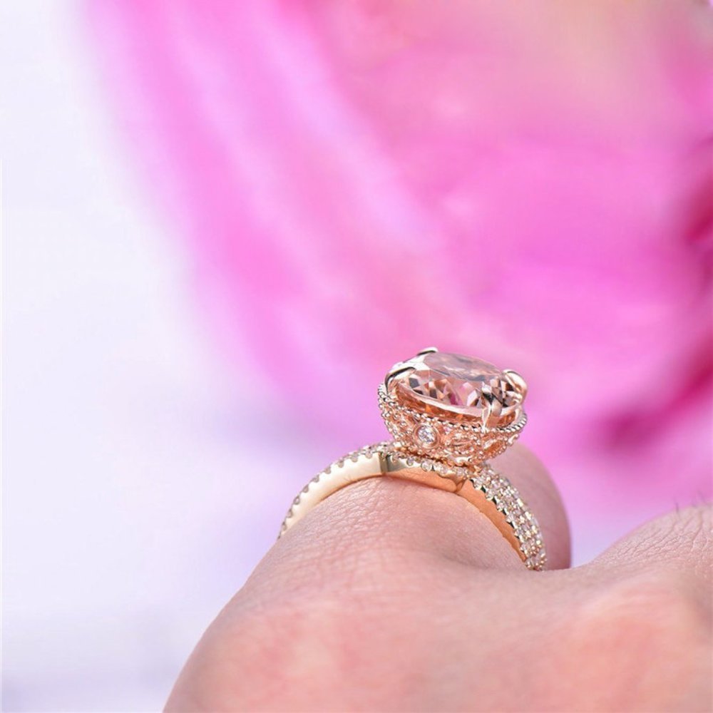 🎁 3 pcs/set Rose Gold Oval Bridal Wedding/Engagement Ring Set, VIP241 - Picture 5 of 9